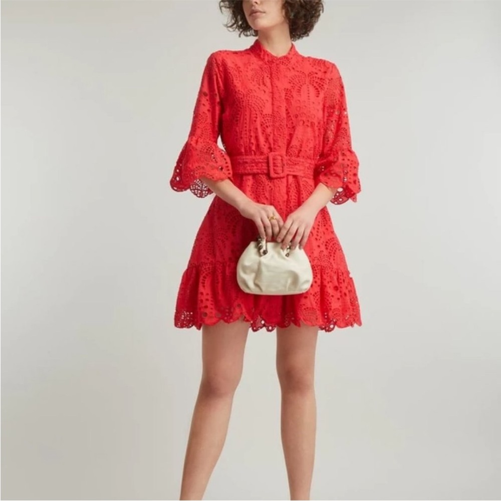 Farm Rio Red Palm Tree Mini Dress Eyelet Belted Size L NWT - Picture 4 of 15